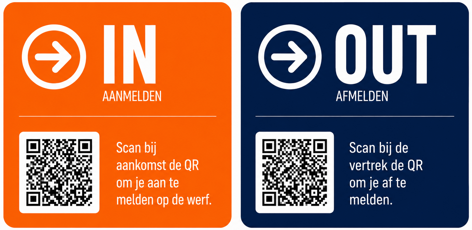 Detail van de ENTROO ScanTag met aparte QR-codes voor IN en OUT